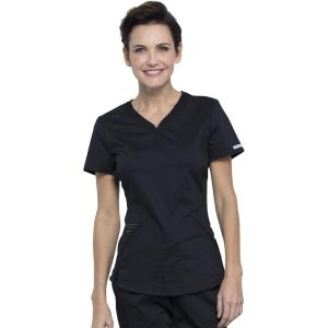 Cherokee Scrubs for Women V-Neck Scrub Top with 2 Pockets,Mesh Panels, Soft Stretch Durable Easy Care Nursing Uniform – WW601(Black)
