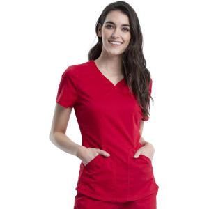 Cherokee Scrubs for Women V-Neck Scrub Top with 2 Pockets,Mesh Panels, Soft Stretch Durable Easy Care Nursing Uniform – WW601(Red)