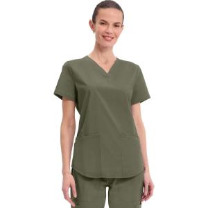 Cherokee Scrubs for Women V-Neck Top, 3 Pockets, Fade Resistant, Soft Stretch Fabric with Shirttail Hem & Side vents – WW665(Olive)