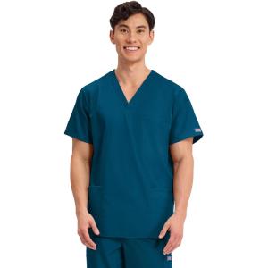 Cherokee Scrubs for Women and Men Unisex V-Neck Nursing Scrub Top with 3 Pockets, Side Vents & Easy Care Fabric – 4876(Caribbean Blue)