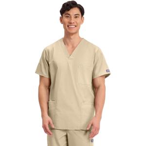 Cherokee Scrubs for Women and Men Unisex V-Neck Nursing Scrub Top with 3 Pockets, Side Vents & Easy Care Fabric – 4876(Khaki)