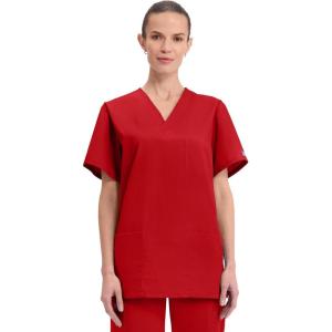 Cherokee Scrubs for Women and Men Unisex V-Neck Nursing Scrub Top with 3 Pockets, Side Vents & Easy Care Fabric – 4876(Red)