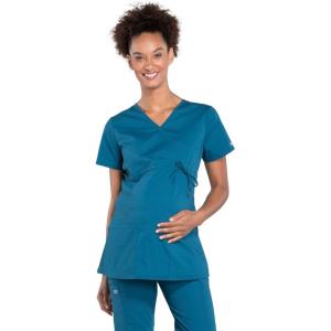 Cherokee Women’s Maternity Scrub Top with 3 Pockets Mock Wrap WW685(Caribbean Blue)