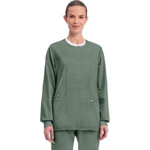 Cherokee Womens Scrub Jacket Nurse Snap Front Medical Uniform with Pockets, 2-Way Stretch, Easy Care Soft Fabric – WW310(Olive)