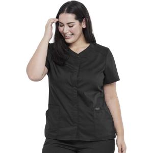 Cherokee Women’s V-Neck Scrub Top with Snap Front, 4 Pockets, and 2-Way Stretch Fabric WW622(Black)
