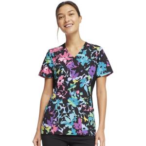 Cherokee iFlex Women Scrubs Top Mock Wrap Knit Panel Print CK642(Rainbow Fleurs)