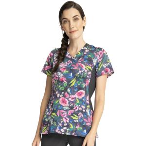 Cherokee iFlex Women Scrubs Top Mock Wrap Knit Panel Print CK642(Watercolor Petals)