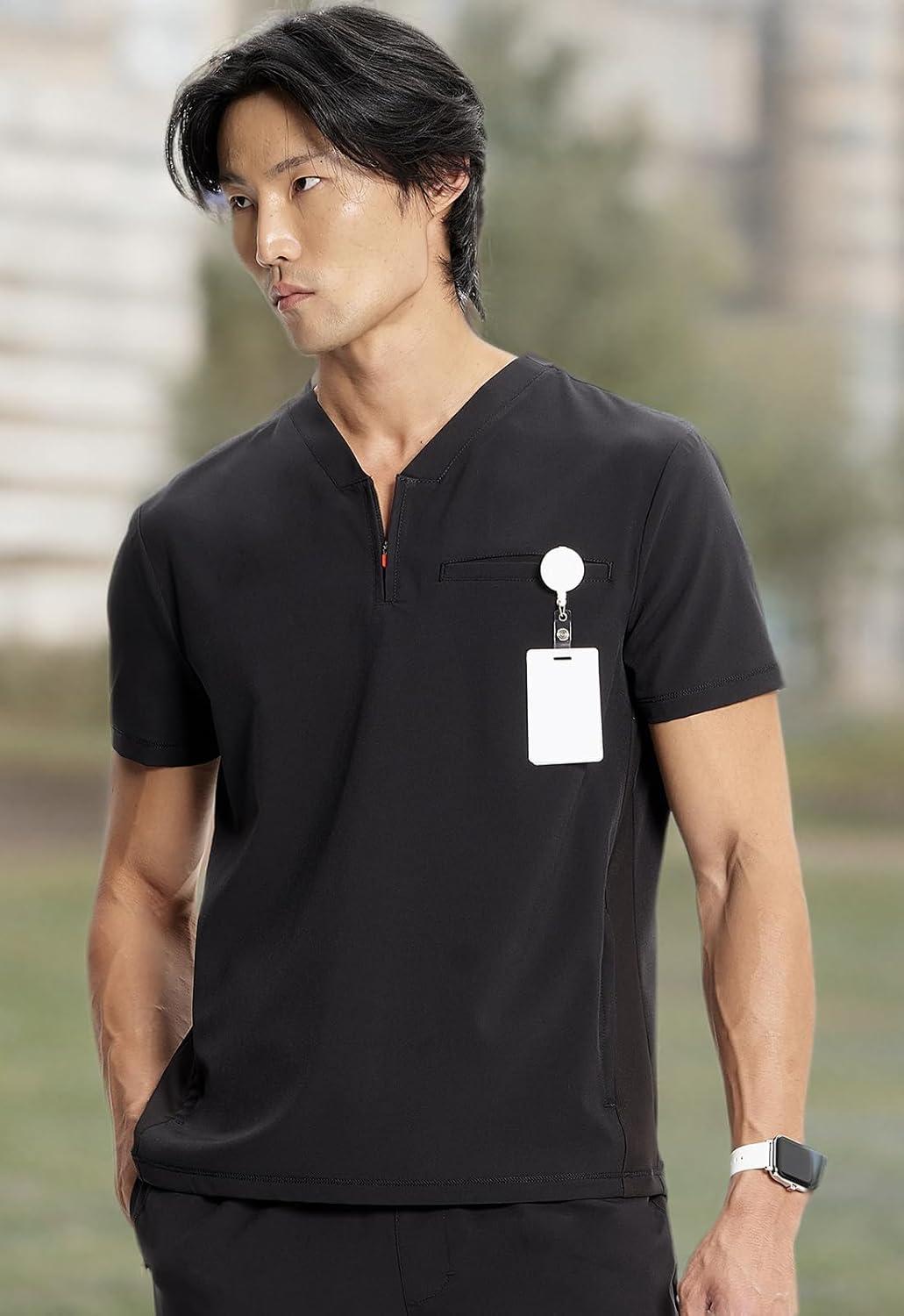 imageCherokee Infinity Mens Partial Zip VNeck Scrub Top RibKnit Panels 2 Zip Pockets 1 Welt Pocket PROTX2 Fabric IN702ABlack