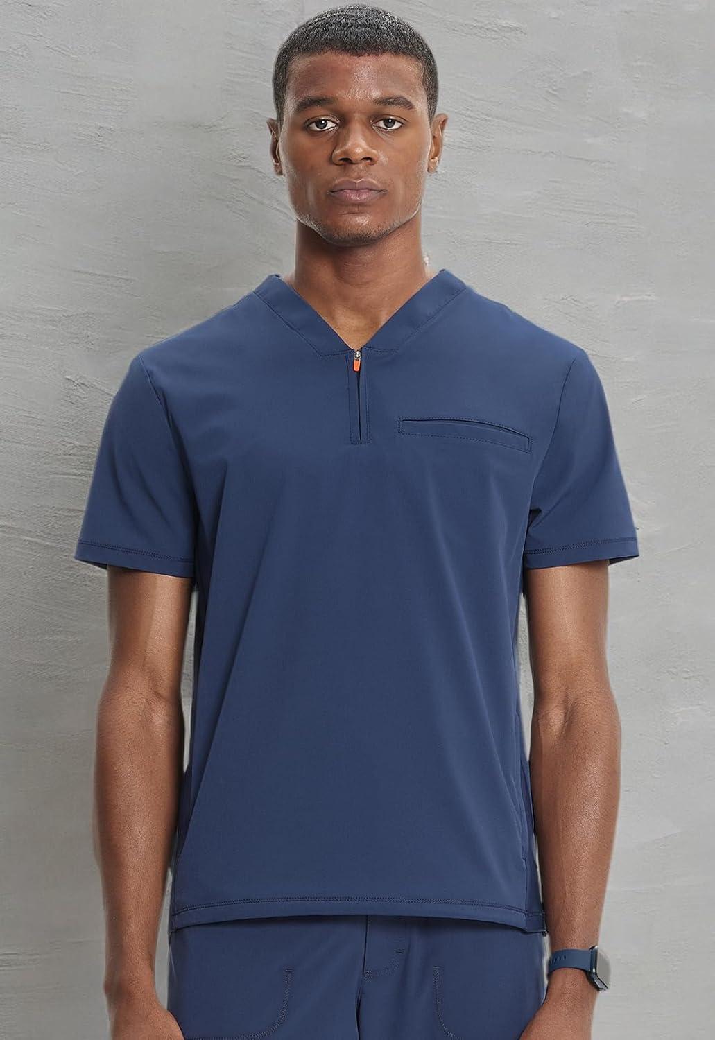 imageCherokee Infinity Mens Partial Zip VNeck Scrub Top RibKnit Panels 2 Zip Pockets 1 Welt Pocket PROTX2 Fabric IN702ANavy