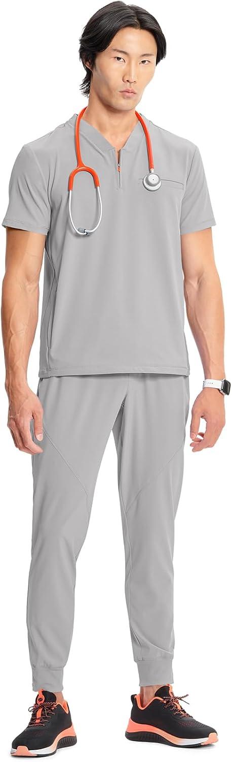 imageCherokee Infinity Mens Partial Zip VNeck Scrub Top RibKnit Panels 2 Zip Pockets 1 Welt Pocket PROTX2 Fabric IN702AVapor