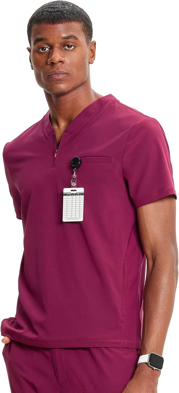 imageCherokee Infinity Mens Partial Zip VNeck Scrub Top RibKnit Panels 2 Zip Pockets 1 Welt Pocket PROTX2 Fabric IN702AWine
