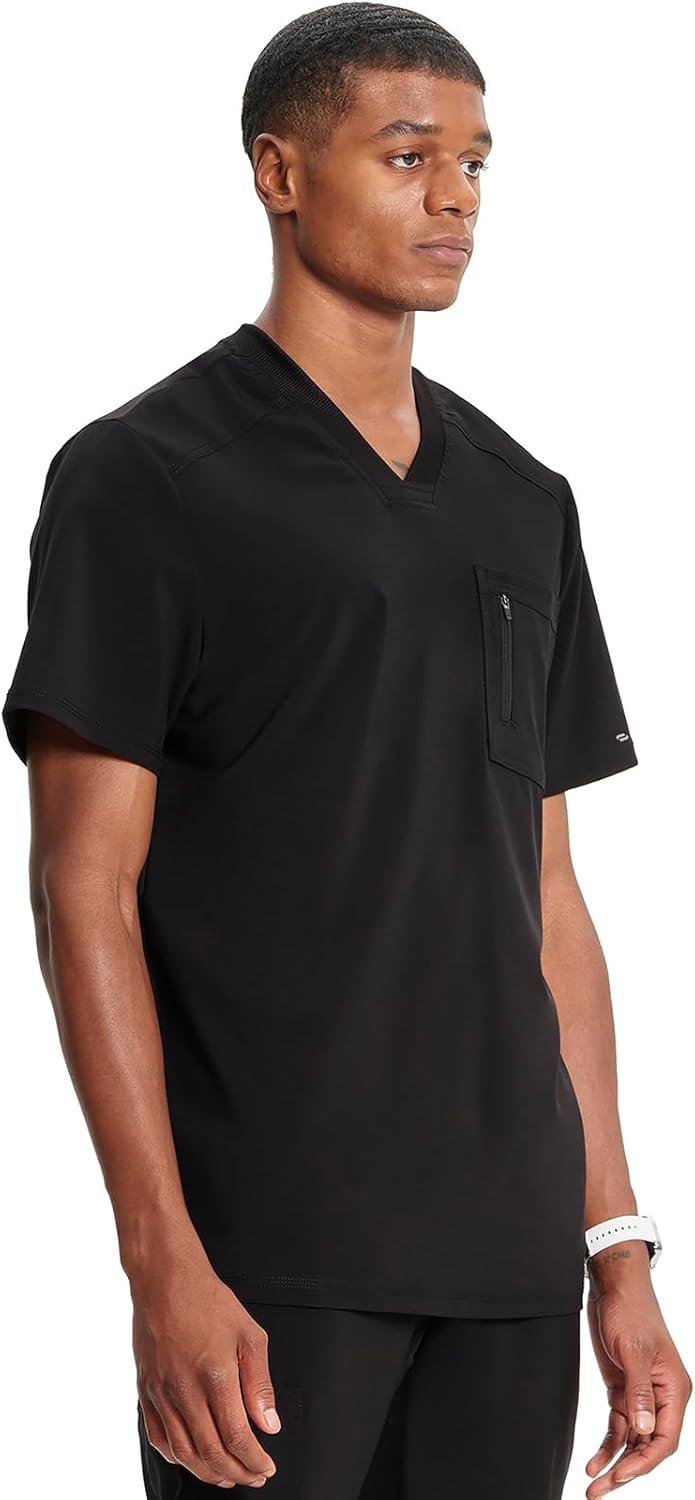 imageCherokee Infinity Mens Tuckable VNeck Scrub Top Modern Fit 2 Pockets Zip Chest Pocket RibKnit 360 Stretch CK910ABlack