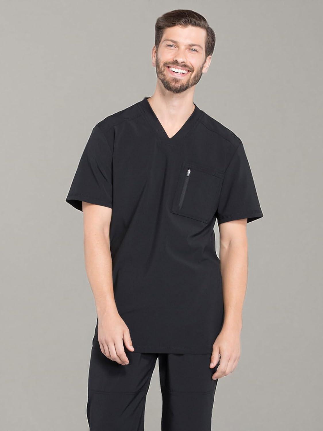 imageCherokee Infinity Mens Tuckable VNeck Scrub Top Modern Fit 2 Pockets Zip Chest Pocket RibKnit 360 Stretch CK910ABlack