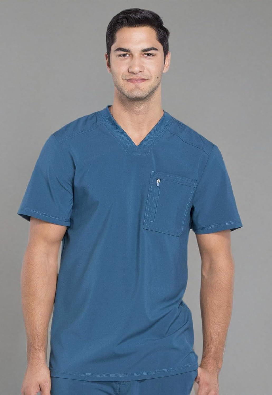 imageCherokee Infinity Mens Tuckable VNeck Scrub Top Modern Fit 2 Pockets Zip Chest Pocket RibKnit 360 Stretch CK910ACaribbean Blue