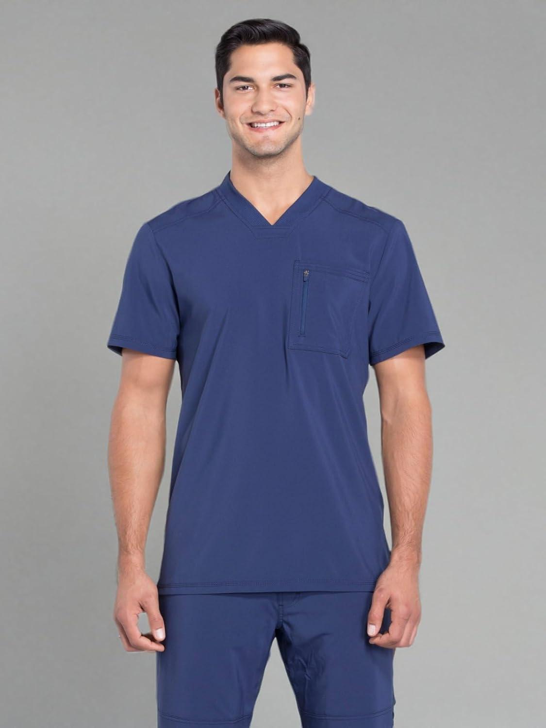 imageCherokee Infinity Mens Tuckable VNeck Scrub Top Modern Fit 2 Pockets Zip Chest Pocket RibKnit 360 Stretch CK910ANavy