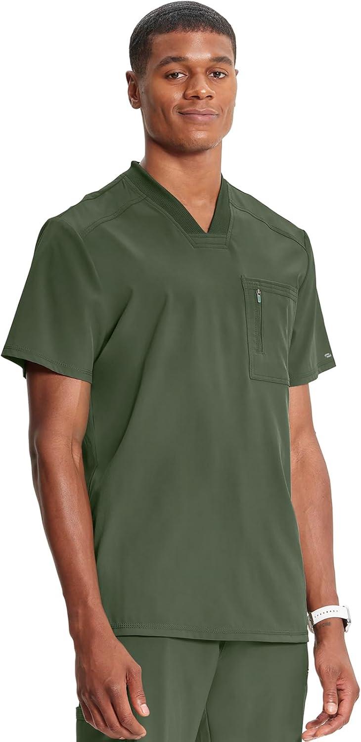 imageCherokee Infinity Mens Tuckable VNeck Scrub Top Modern Fit 2 Pockets Zip Chest Pocket RibKnit 360 Stretch CK910AOlive