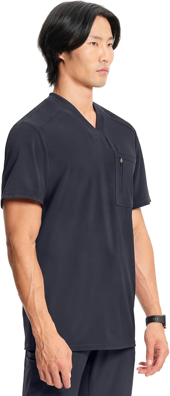 imageCherokee Infinity Mens Tuckable VNeck Scrub Top Modern Fit 2 Pockets Zip Chest Pocket RibKnit 360 Stretch CK910APewter