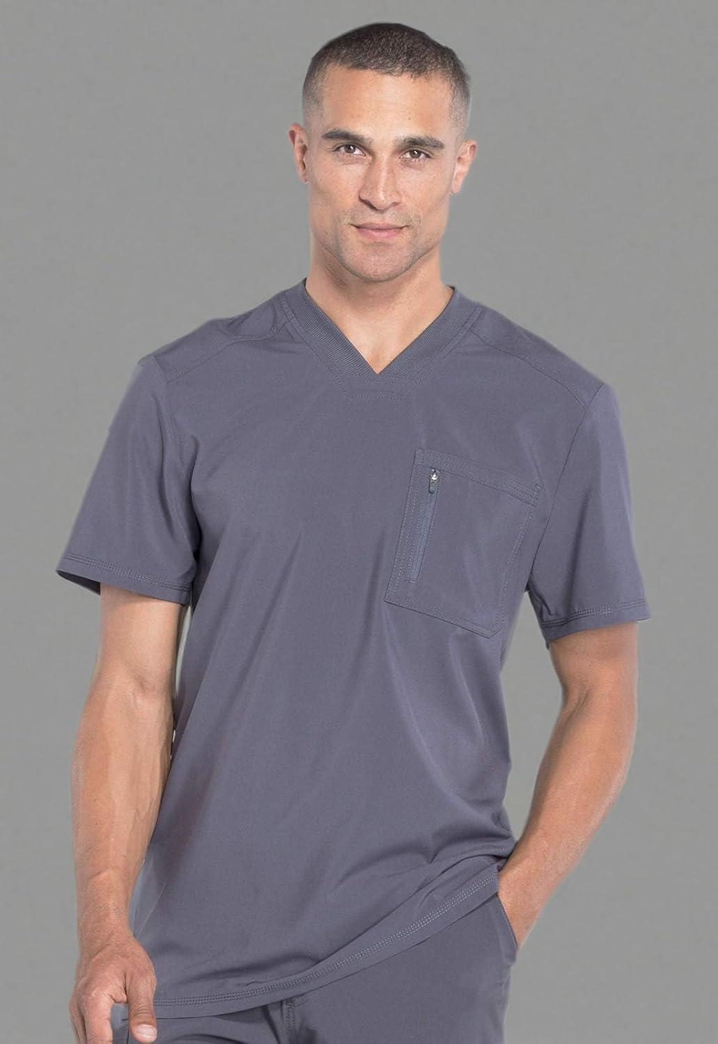 imageCherokee Infinity Mens Tuckable VNeck Scrub Top Modern Fit 2 Pockets Zip Chest Pocket RibKnit 360 Stretch CK910APewter
