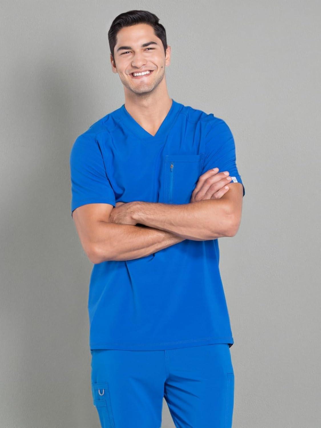 imageCherokee Infinity Mens Tuckable VNeck Scrub Top Modern Fit 2 Pockets Zip Chest Pocket RibKnit 360 Stretch CK910ARoyal