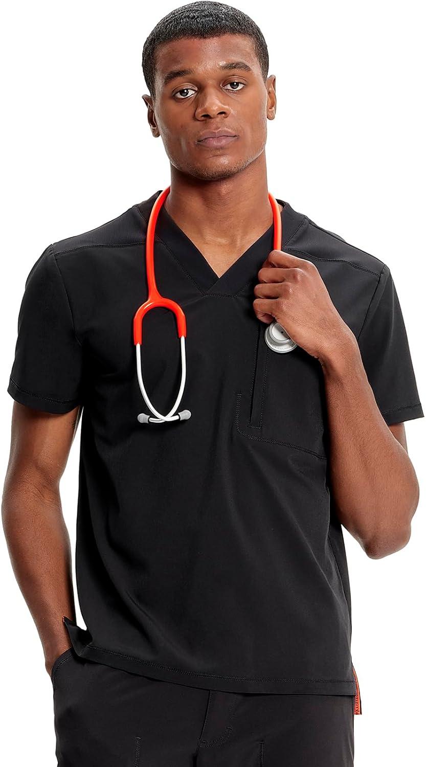 imageCherokee Infinity Mens VNeck Scrub Top 1 Zip Chest Pocket RibKnit Neckline Side Vents IN700ABlack