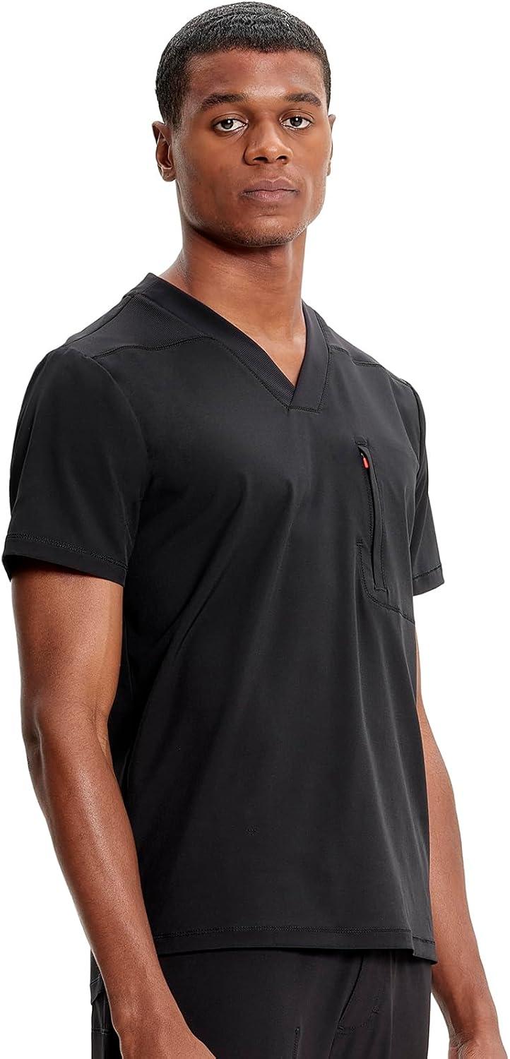 imageCherokee Infinity Mens VNeck Scrub Top 1 Zip Chest Pocket RibKnit Neckline Side Vents IN700ABlack