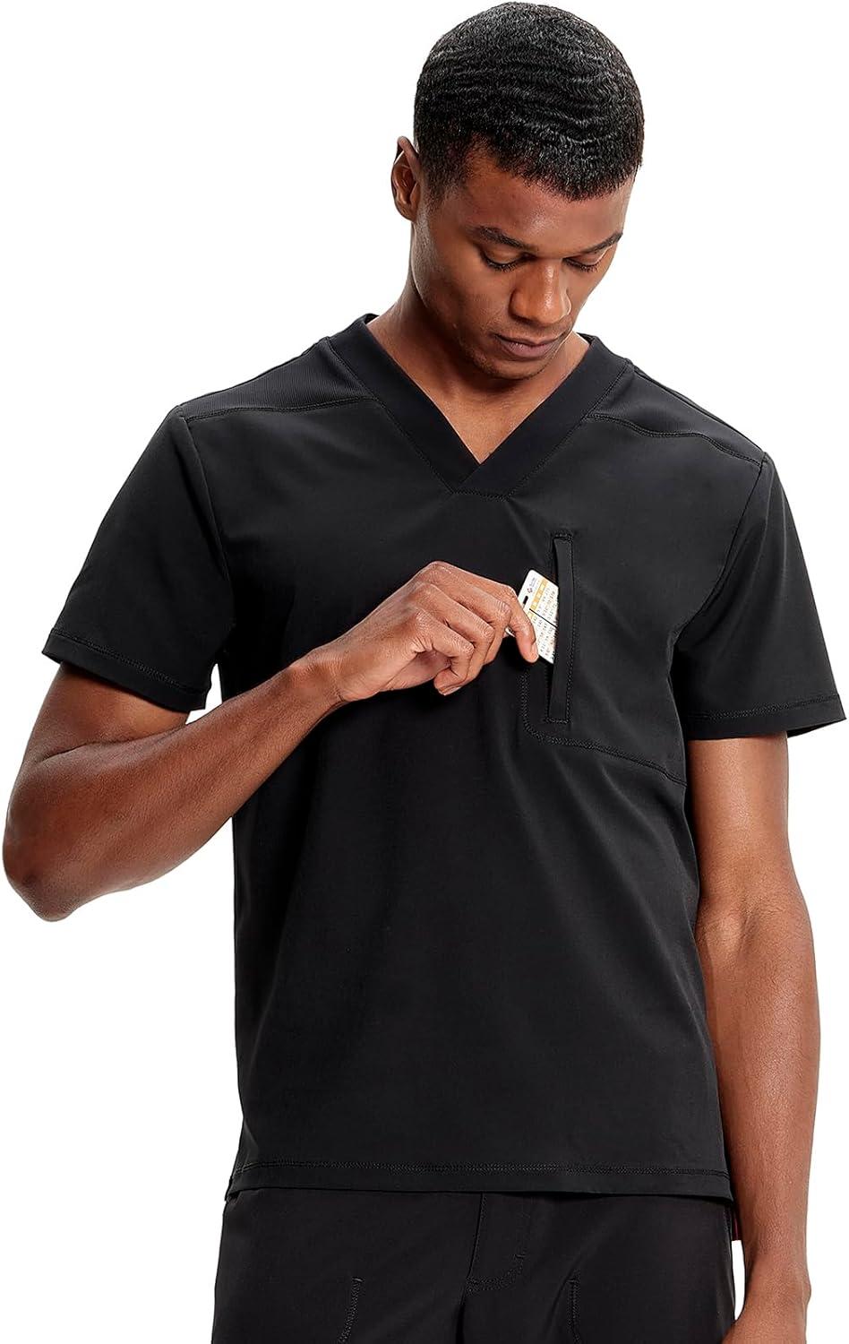 imageCherokee Infinity Mens VNeck Scrub Top 1 Zip Chest Pocket RibKnit Neckline Side Vents IN700ABlack