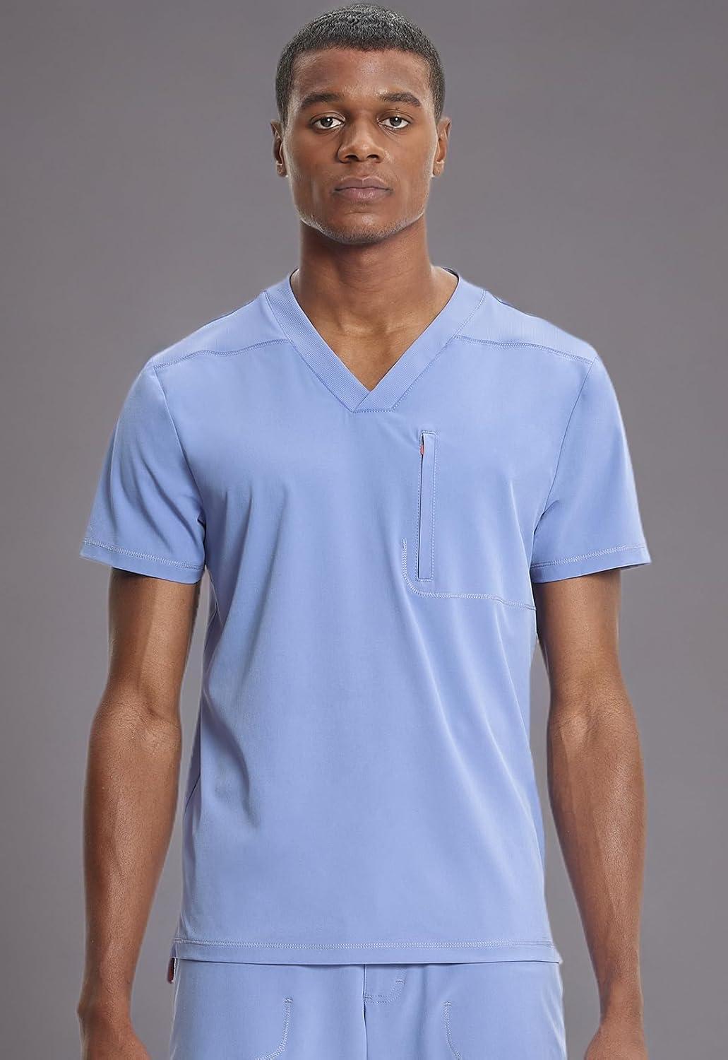 imageCherokee Infinity Mens VNeck Scrub Top 1 Zip Chest Pocket RibKnit Neckline Side Vents IN700ACiel