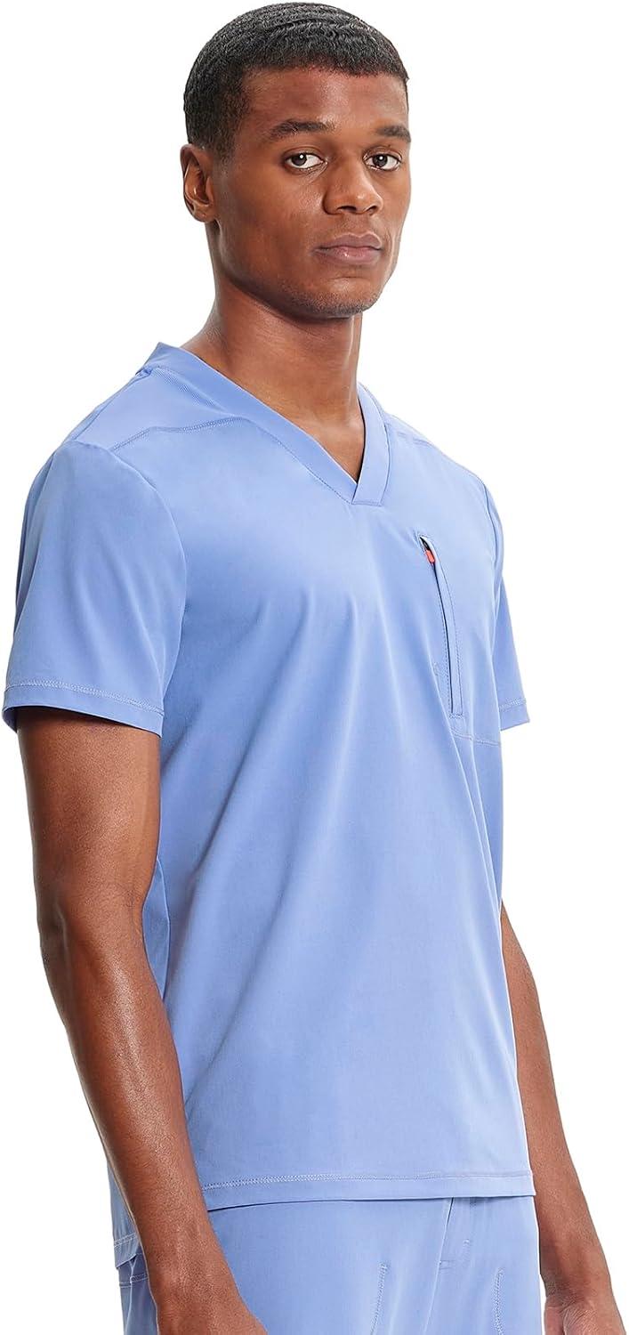 imageCherokee Infinity Mens VNeck Scrub Top 1 Zip Chest Pocket RibKnit Neckline Side Vents IN700ACiel