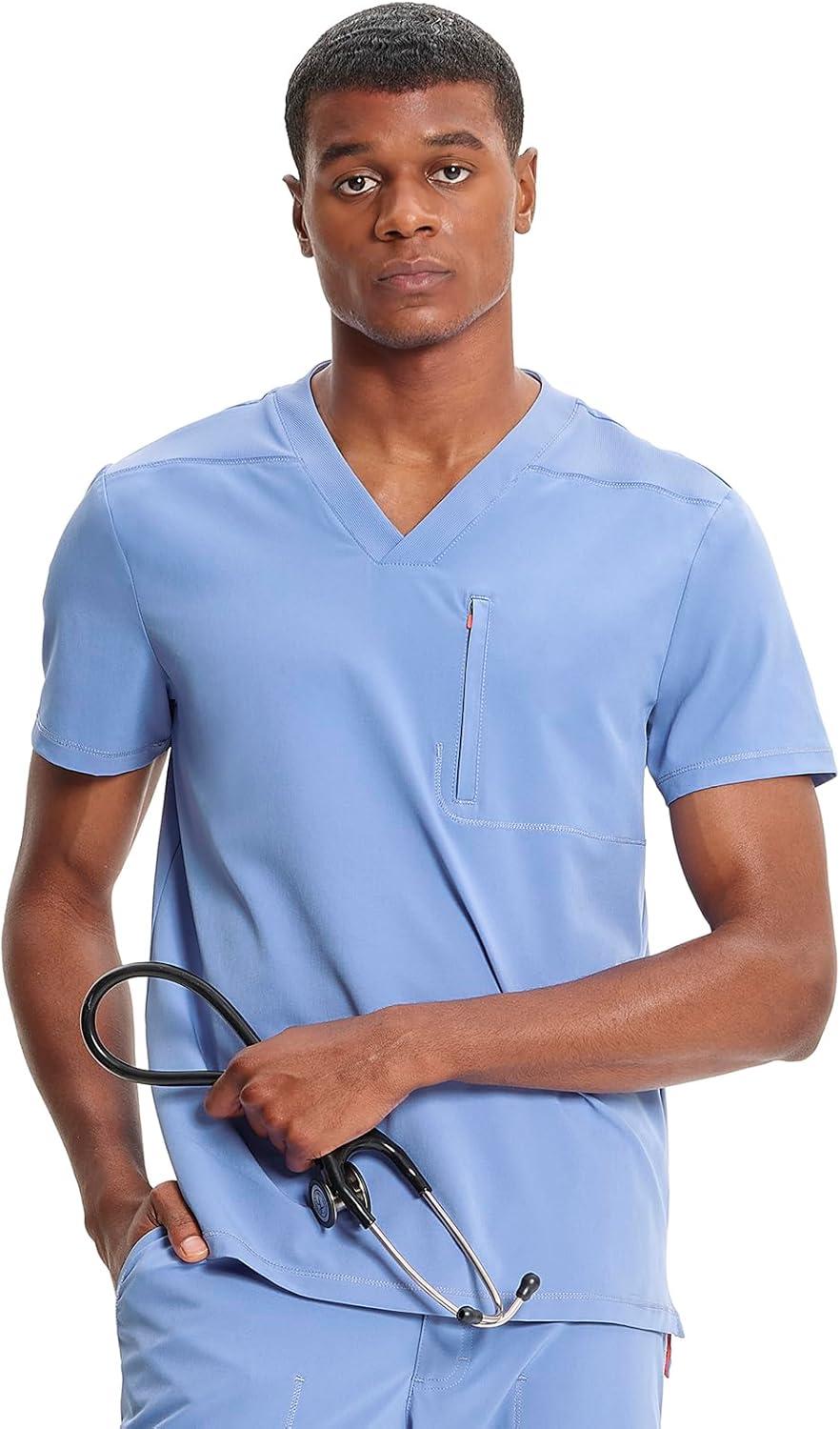 imageCherokee Infinity Mens VNeck Scrub Top 1 Zip Chest Pocket RibKnit Neckline Side Vents IN700ACiel