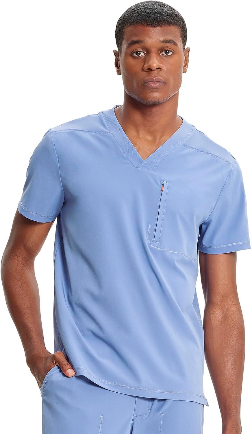 imageCherokee Infinity Mens VNeck Scrub Top 1 Zip Chest Pocket RibKnit Neckline Side Vents IN700ACiel