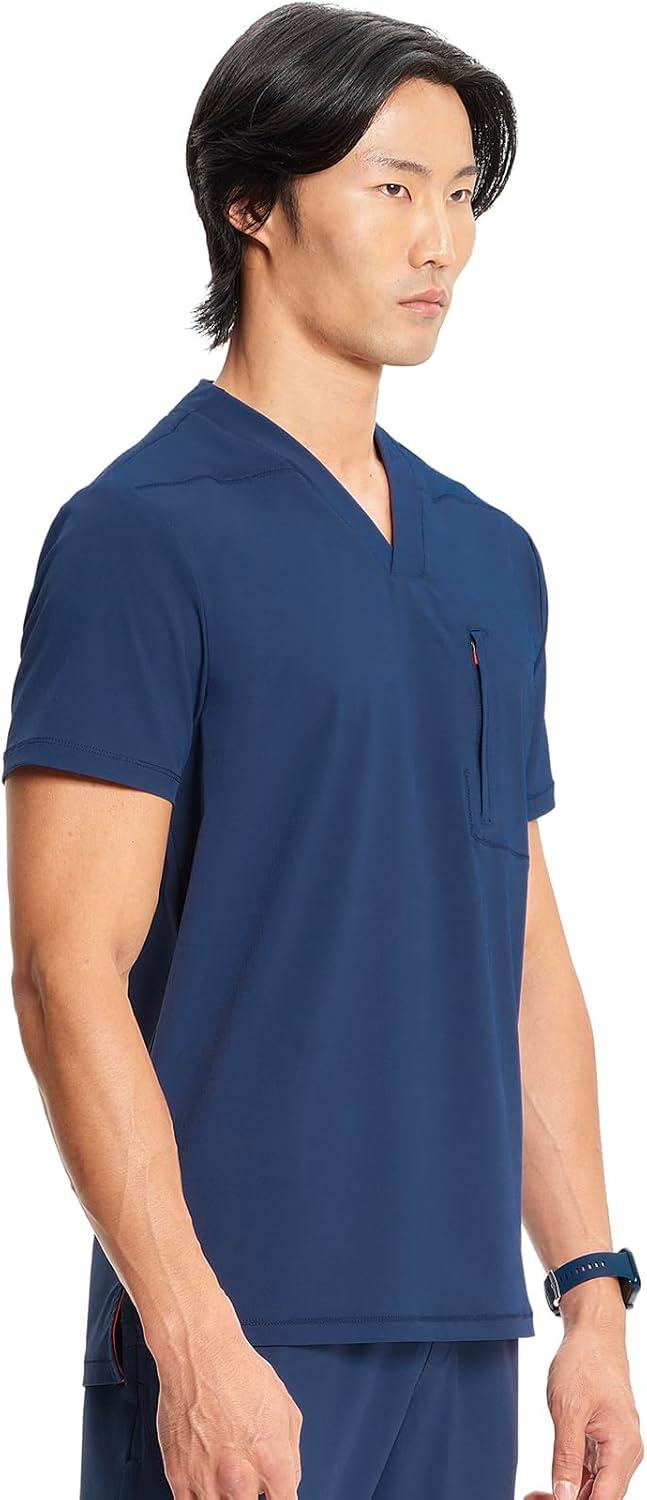 imageCherokee Infinity Mens VNeck Scrub Top 1 Zip Chest Pocket RibKnit Neckline Side Vents IN700ANavy
