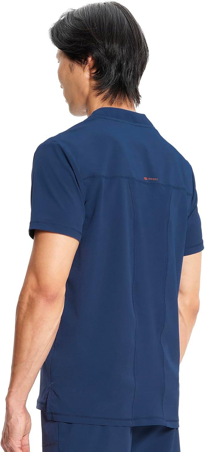 imageCherokee Infinity Mens VNeck Scrub Top 1 Zip Chest Pocket RibKnit Neckline Side Vents IN700ANavy