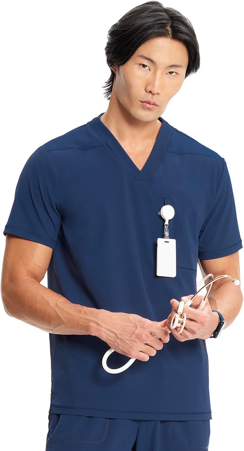 imageCherokee Infinity Mens VNeck Scrub Top 1 Zip Chest Pocket RibKnit Neckline Side Vents IN700ANavy