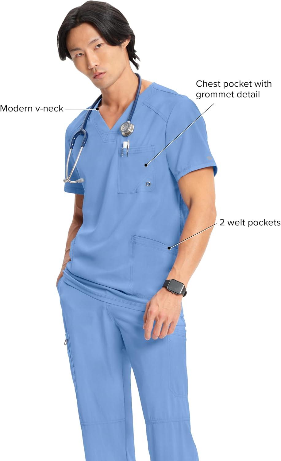 imageCherokee Infinity Mens VNeck Scrub Top Modern Fit 3 Pockets RibKnit Back Panels MoistureWicking 360 Stretch CK900ABlue