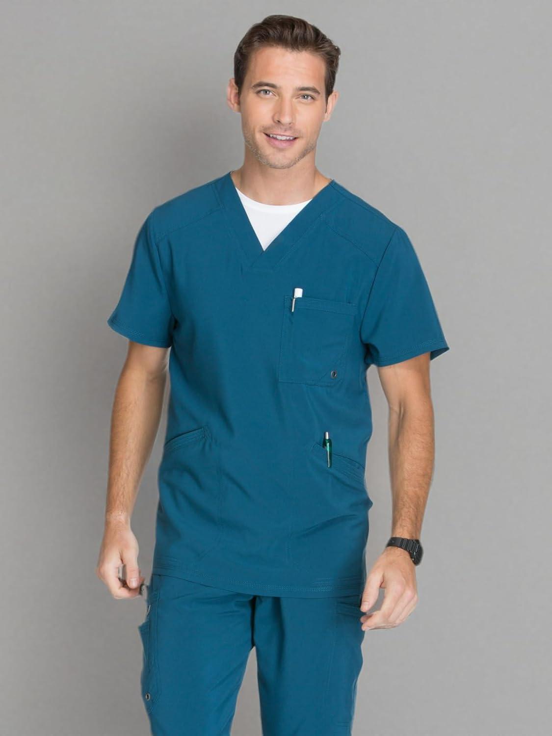 imageCherokee Infinity Mens VNeck Scrub Top Modern Fit 3 Pockets RibKnit Back Panels MoistureWicking 360 Stretch CK900ACaribbean Blue