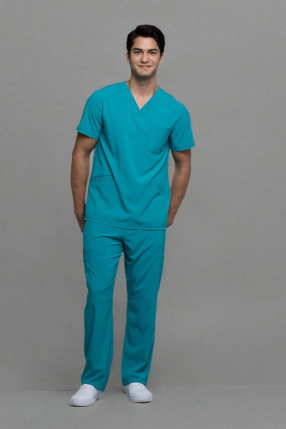 imageCherokee Infinity Mens VNeck Scrub Top Modern Fit 3 Pockets RibKnit Back Panels MoistureWicking 360 Stretch CK900ATeal Blue
