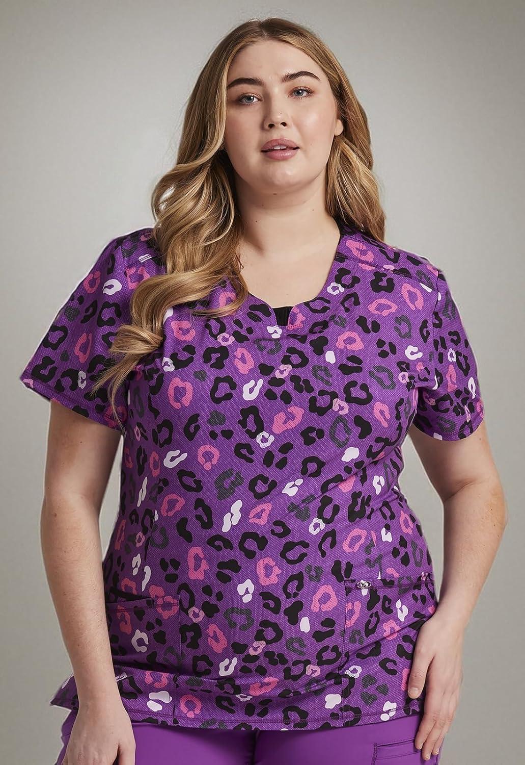 imageCherokee Infinity Printed Scrub Tops for Women Round Neck 3 Pockets RibKnit Inset amp Princess Seams CK609Leopard Vibes