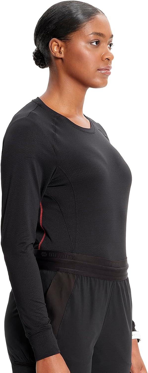 imageCherokee Infinity Womens Long Sleeve Underscrub Top Round Neck Thumbholes MoistureWicking 360 Stretch IN640Black
