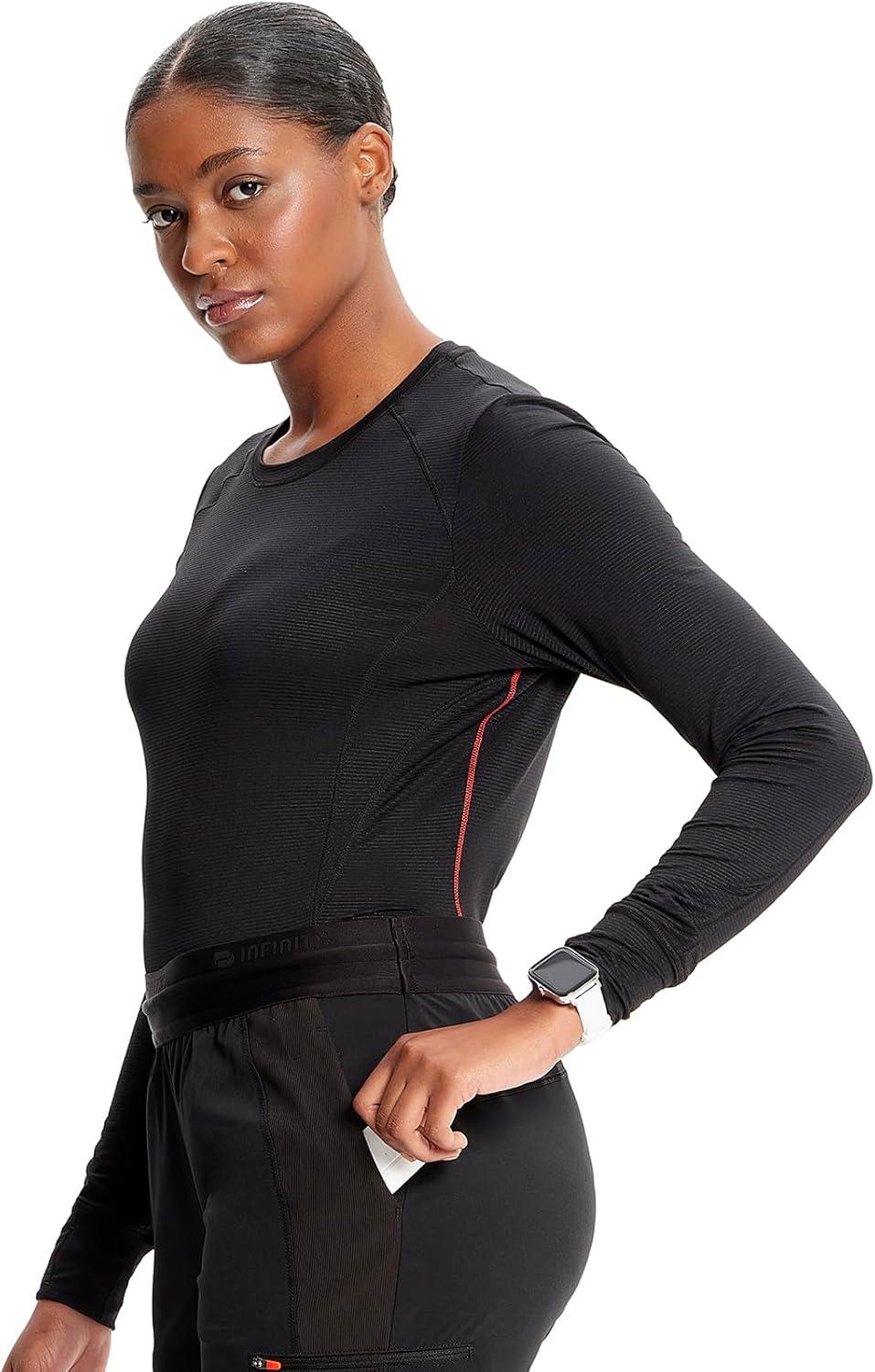imageCherokee Infinity Womens Long Sleeve Underscrub Top Round Neck Thumbholes MoistureWicking 360 Stretch IN640Black