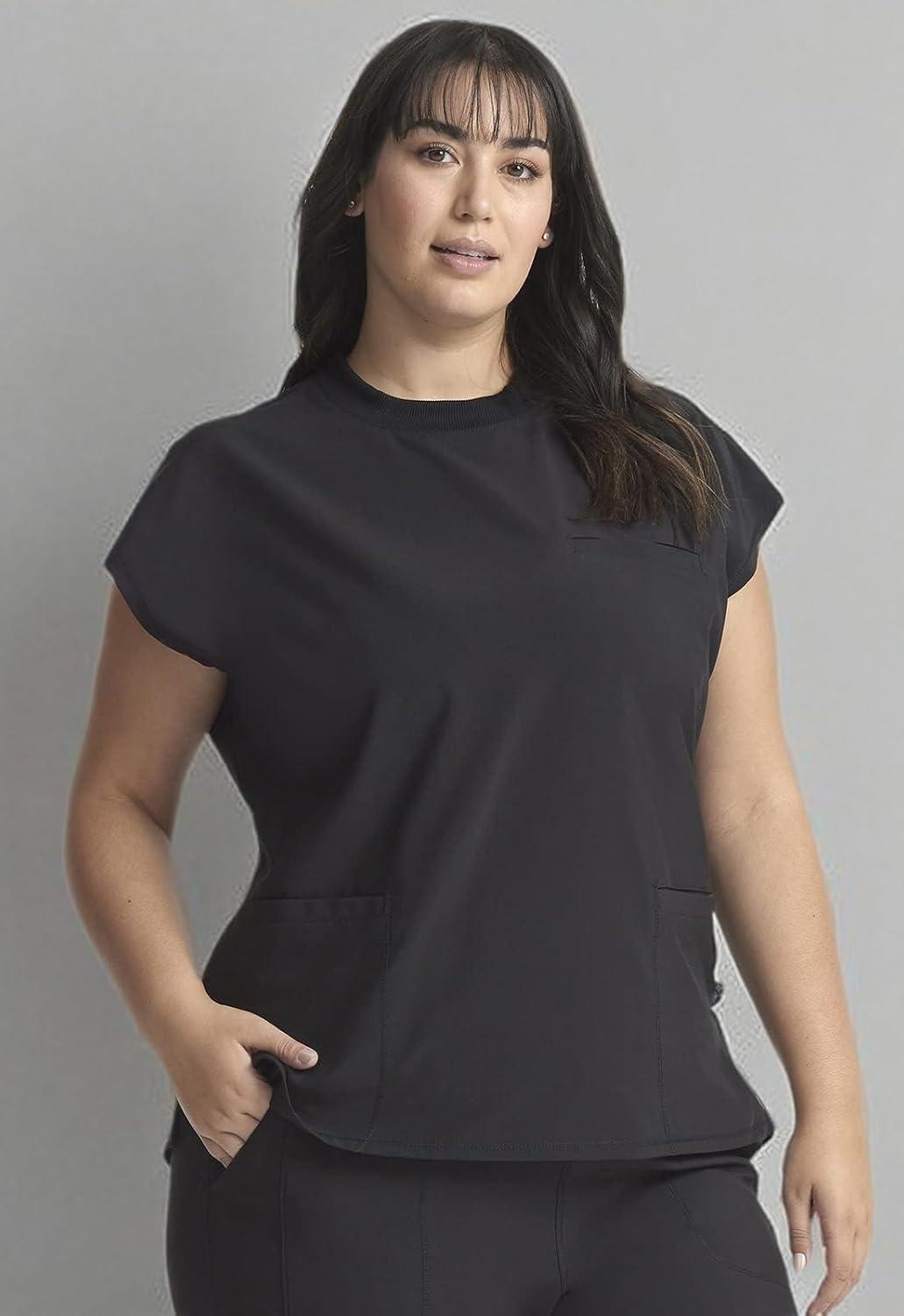 imageCherokee Infinity Womens Mock Neck Scrub Top 4 Pockets Dolman Sleeves RibKnit Back Panel Stylish Medical Top CK742ABlack