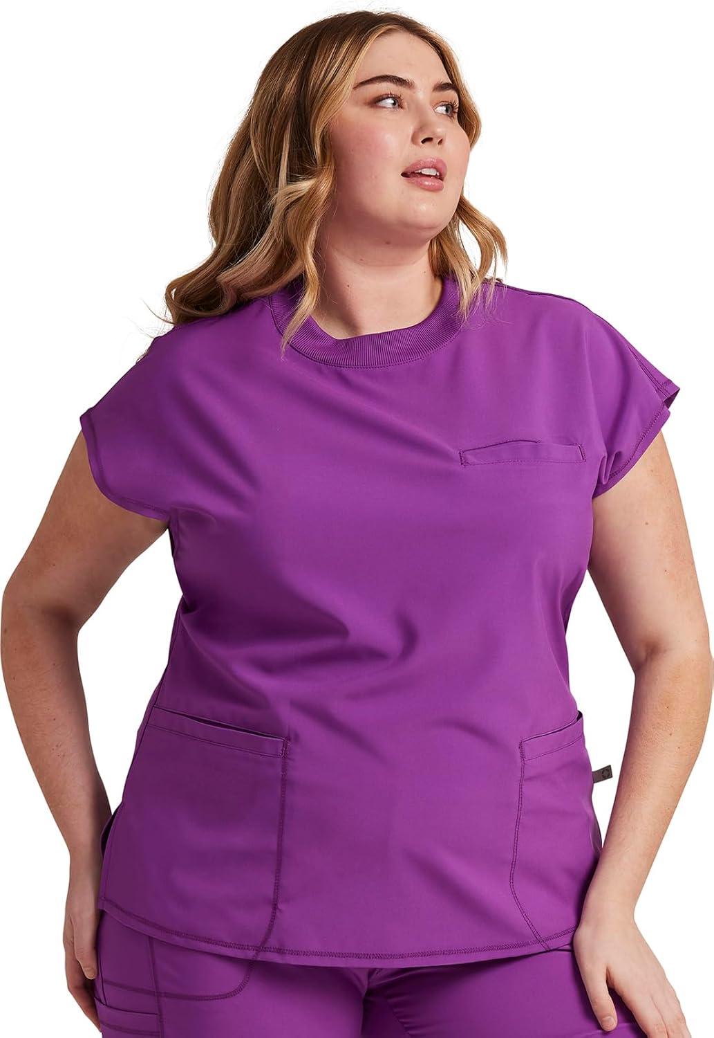 imageCherokee Infinity Womens Mock Neck Scrub Top 4 Pockets Dolman Sleeves RibKnit Back Panel Stylish Medical Top CK742ABright Violet
