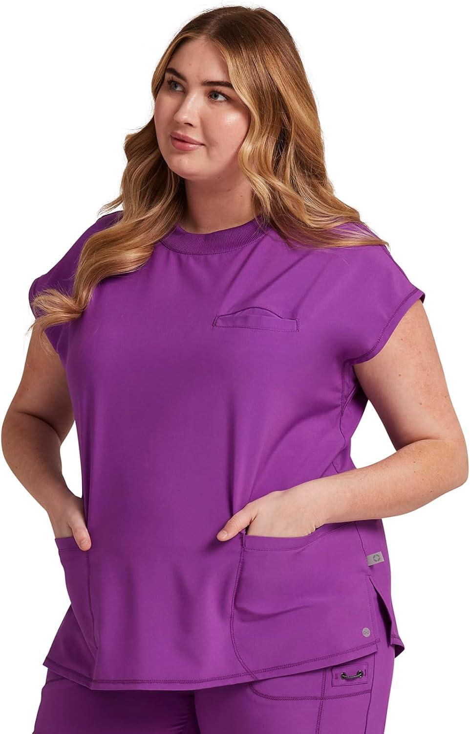 imageCherokee Infinity Womens Mock Neck Scrub Top 4 Pockets Dolman Sleeves RibKnit Back Panel Stylish Medical Top CK742ABright Violet