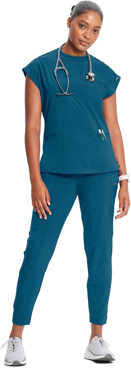 imageCherokee Infinity Womens Mock Neck Scrub Top 4 Pockets Dolman Sleeves RibKnit Back Panel Stylish Medical Top CK742ACaribbean Blue