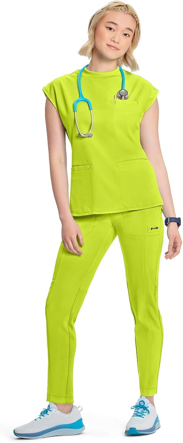 imageCherokee Infinity Womens Mock Neck Scrub Top 4 Pockets Dolman Sleeves RibKnit Back Panel Stylish Medical Top CK742ALime Time