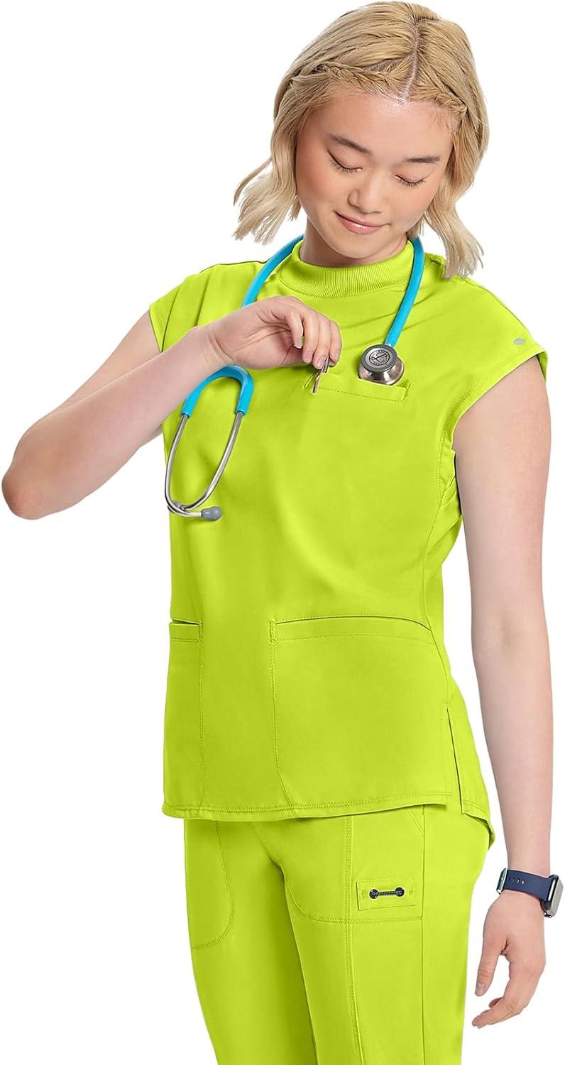 imageCherokee Infinity Womens Mock Neck Scrub Top 4 Pockets Dolman Sleeves RibKnit Back Panel Stylish Medical Top CK742ALime Time