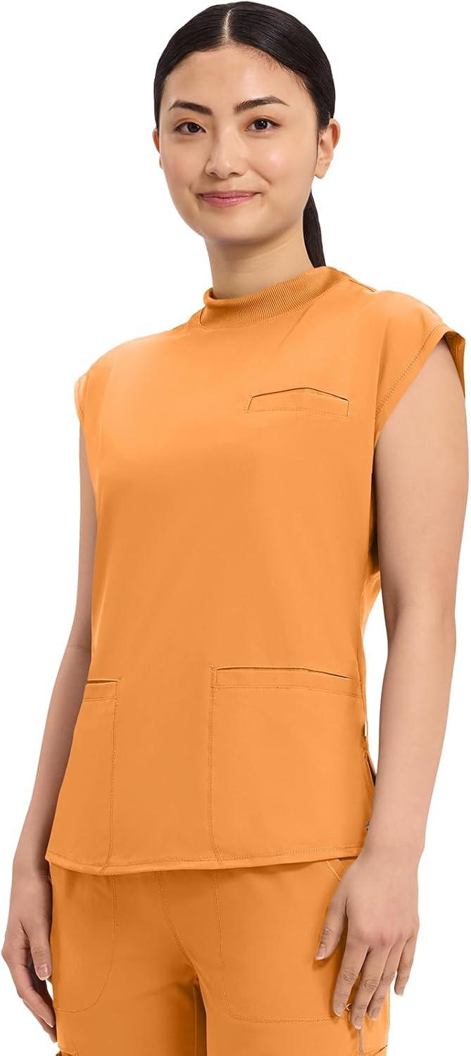 imageCherokee Infinity Womens Mock Neck Scrub Top 4 Pockets Dolman Sleeves RibKnit Back Panel Stylish Medical Top CK742AOrange Sunrise