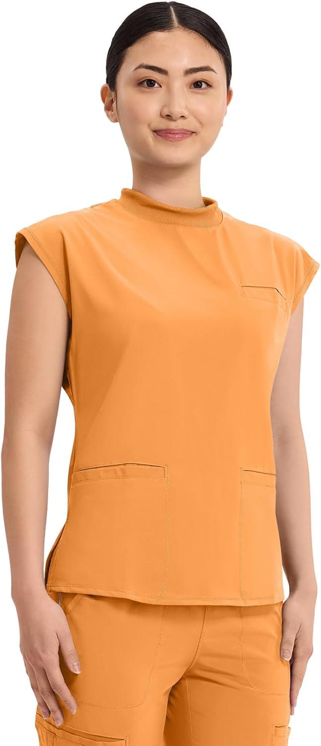 imageCherokee Infinity Womens Mock Neck Scrub Top 4 Pockets Dolman Sleeves RibKnit Back Panel Stylish Medical Top CK742AOrange Sunrise