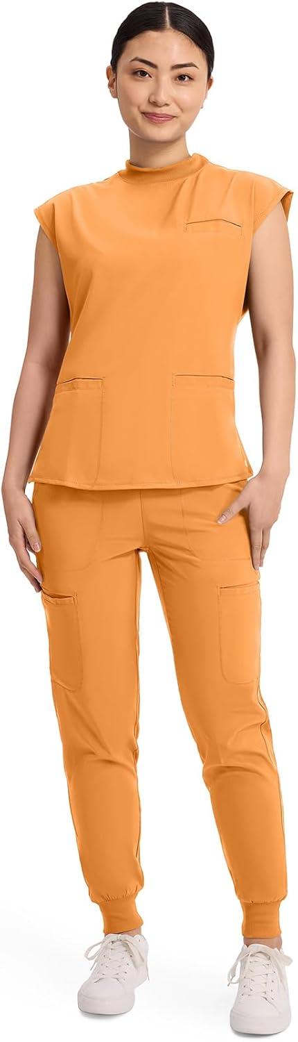 imageCherokee Infinity Womens Mock Neck Scrub Top 4 Pockets Dolman Sleeves RibKnit Back Panel Stylish Medical Top CK742AOrange Sunrise