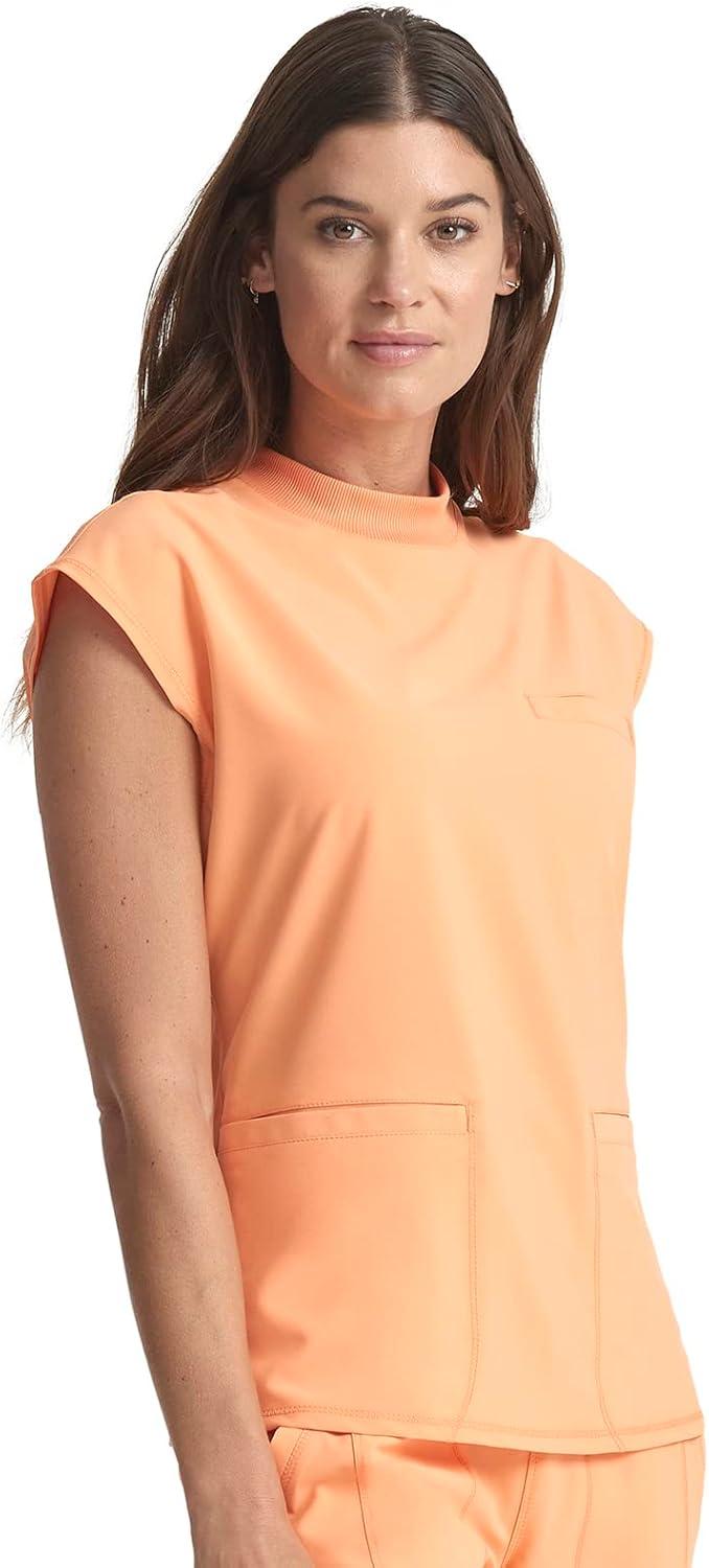 imageCherokee Infinity Womens Mock Neck Scrub Top 4 Pockets Dolman Sleeves RibKnit Back Panel Stylish Medical Top CK742APeach Linen
