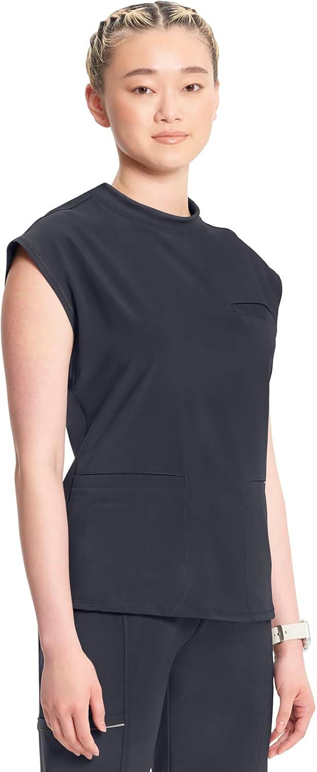 imageCherokee Infinity Womens Mock Neck Scrub Top 4 Pockets Dolman Sleeves RibKnit Back Panel Stylish Medical Top CK742APewter